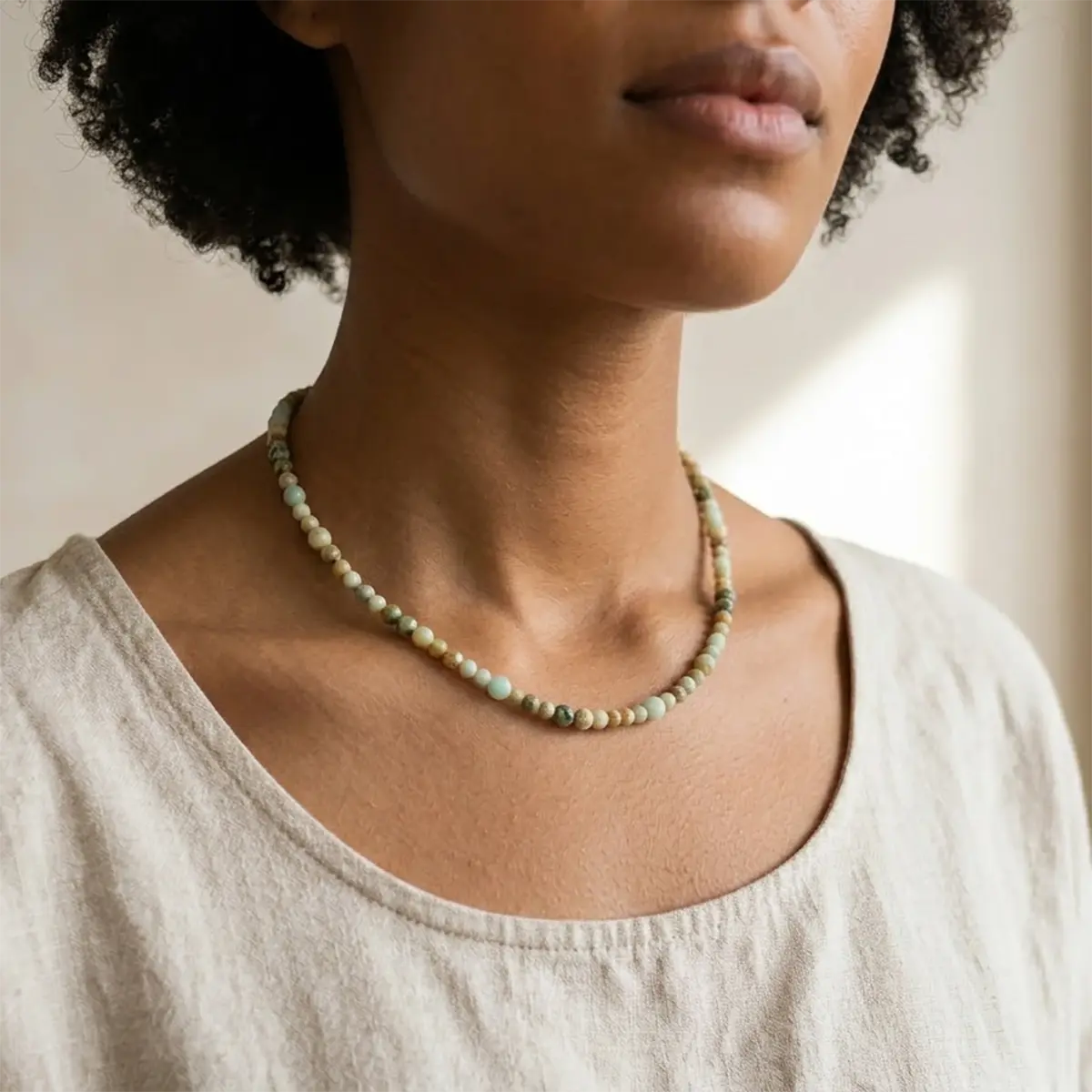 Amazonit ve akik doğal taşlarla hazırlanmış, bohem tarz 925 ayar gümüş kolye