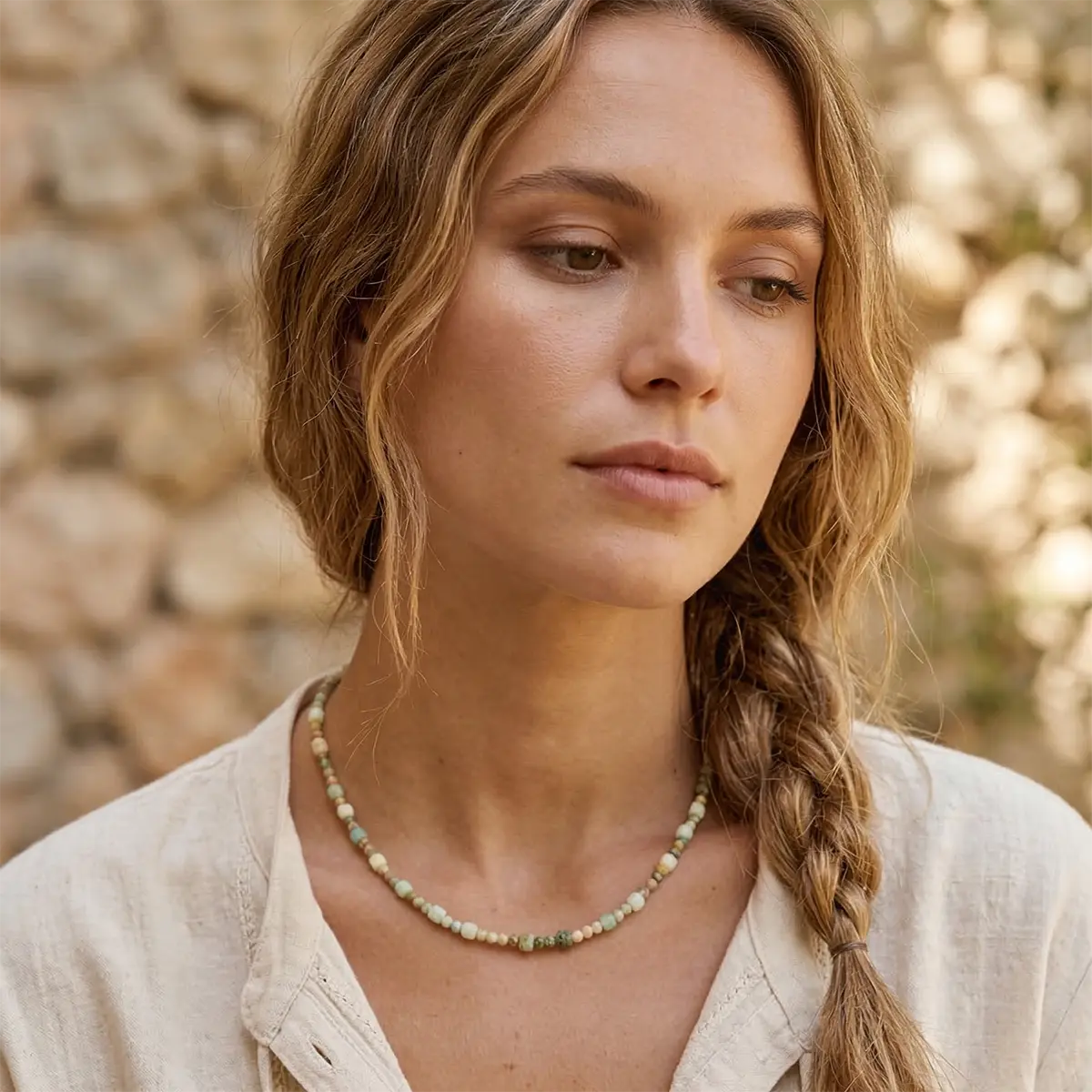 Amazonit ve akik doğal taşlardan oluşan, bohem stil 925 ayar gümüş el yapımı kolye