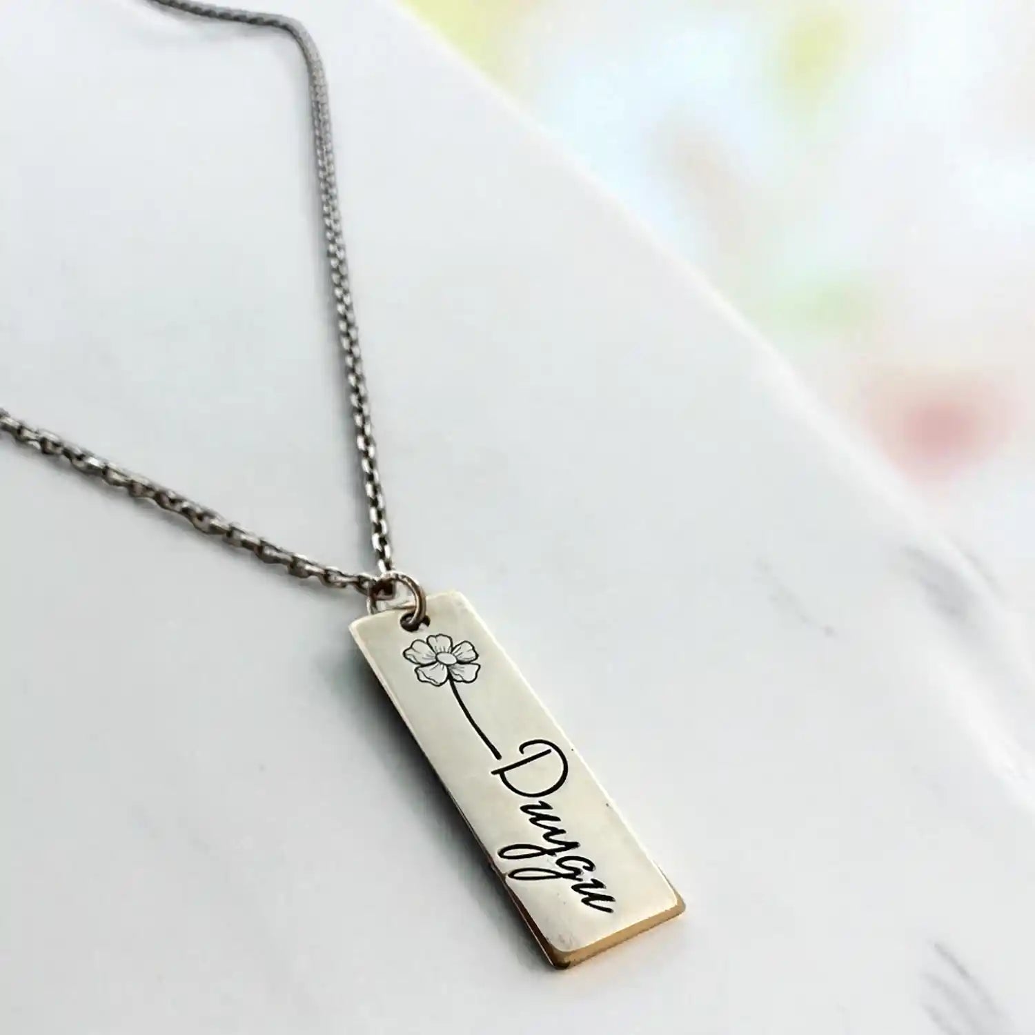 925 Ayar Gümüş Kişiye Özel İsimli Dikdörtgen Kolye – Altın ve Gümüş ve Rose Seçenekli